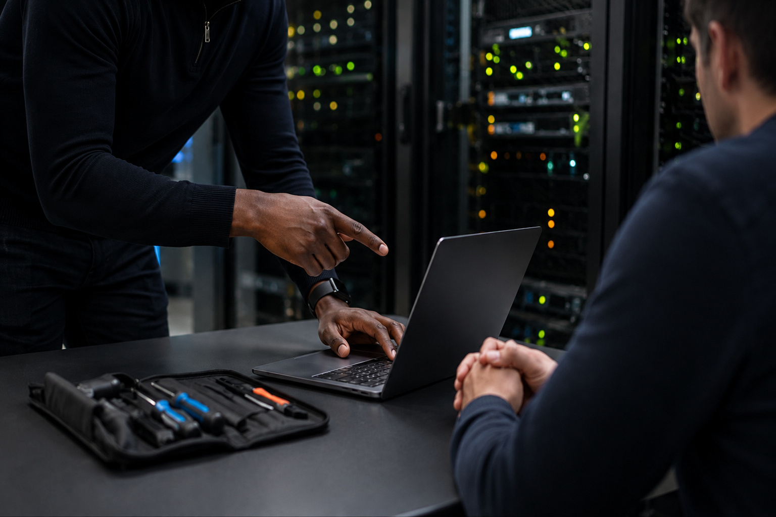 Technicien informatique accompagnant un client devant un ordinateur, avec une infrastructure serveur en arrière-plan
